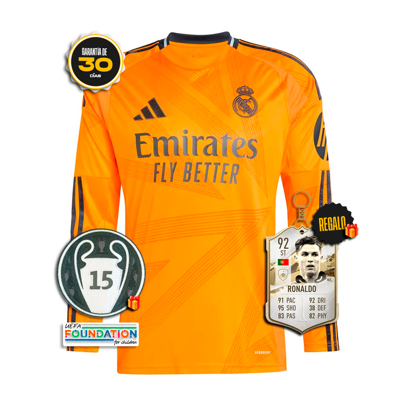 Camiseta Real Madrid Segunda Equipación Naranja 24/25 MANGA LARGA + 5 REGALOS 🎁