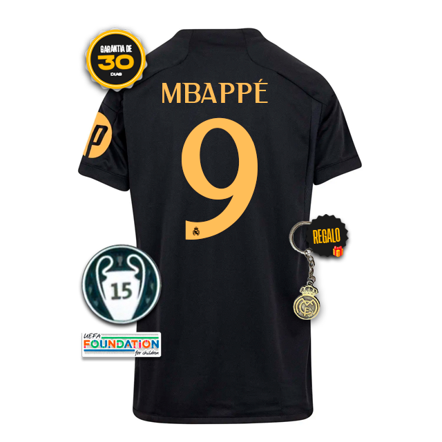 Camiseta Real Madrid Tercera Equipación Negra MBAPPÉ 9 15 23/24 + 5 REGALOS 🎁